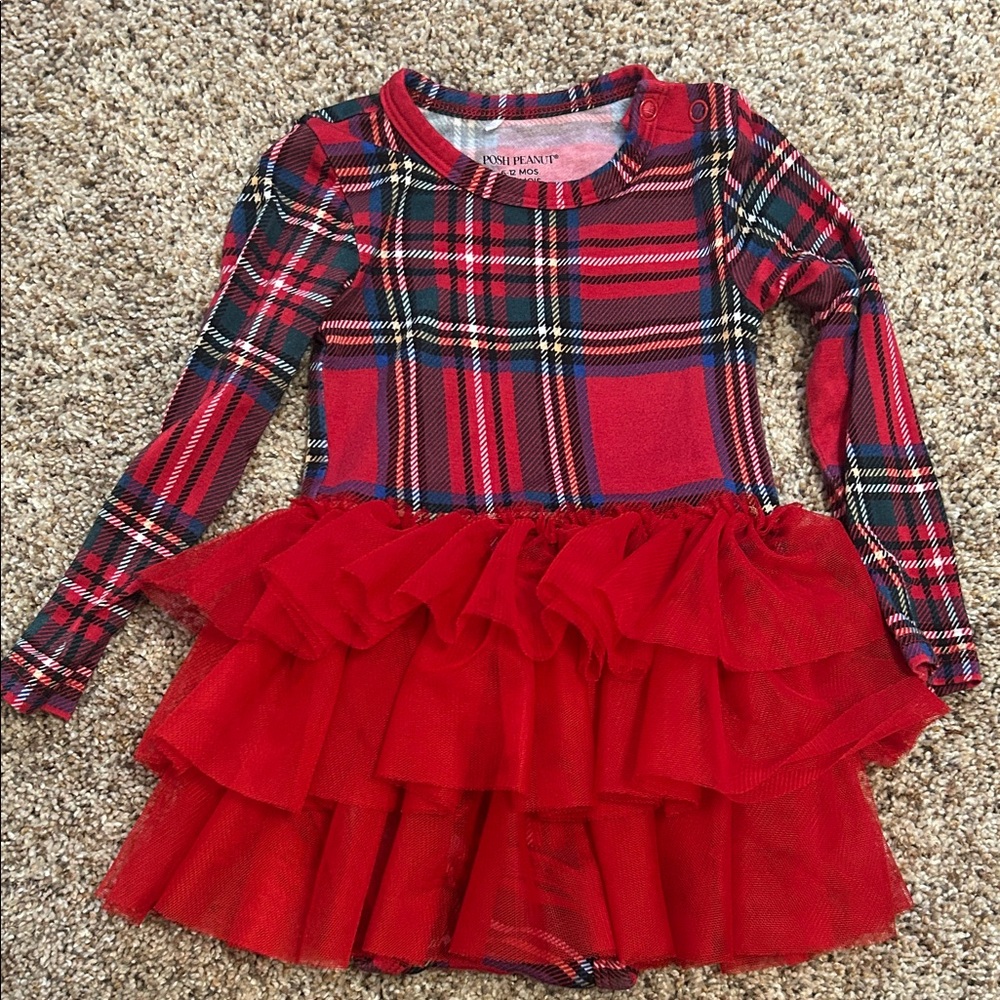 Posh Peanut Red Holiday Plaid Dress with Tulle Skirt 6-12 months